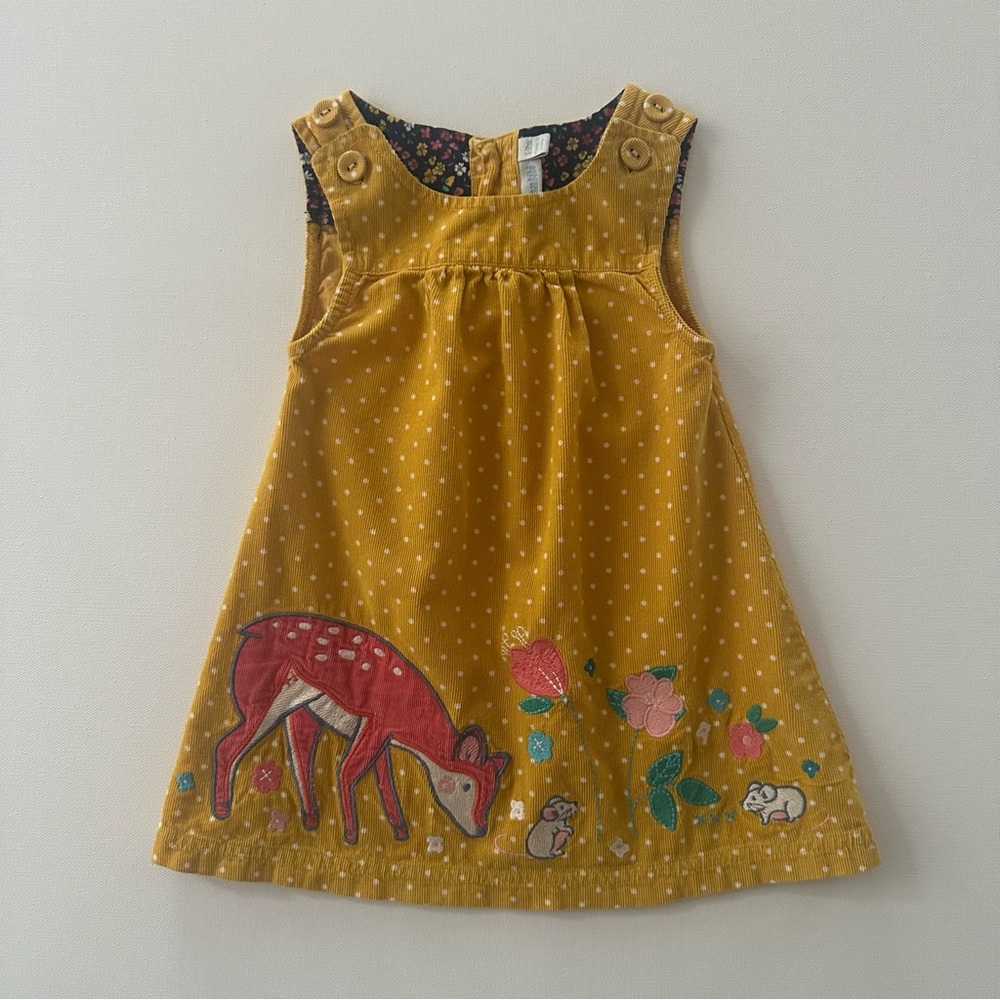 JoJo Maman Bebe 6-12 Months Yellow Corduroy Deer Jumper Dress